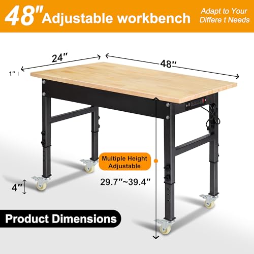 48" Adjustable Work Bench, Rubber Wood Top Workbench | Heavy-Duty work table with Power Outlet,workbenches Wheels, 2000 LBS Load Capacity Hardwood Work Benches for Garage - size: with socket and wheels, 48