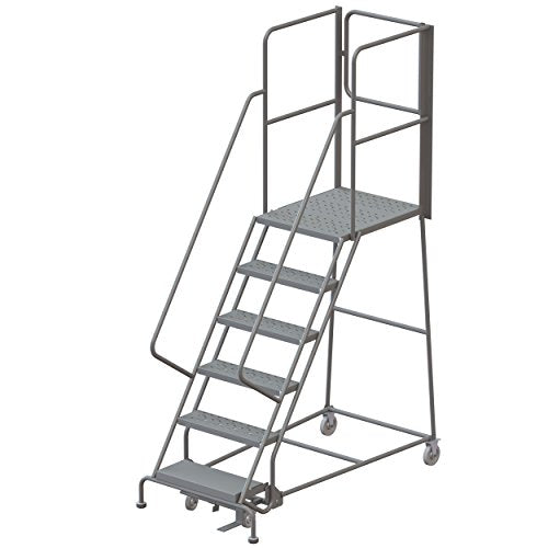 Tri-Arc RWSR106246-XR 6-Step Gateway Rear-Exit Steel Rolling Ladder with 30" Deep Top Platform, Perforated Tread with Handrails, 24" Wide Steps, Gray - size: 6-Step, style: Perforated Tread
