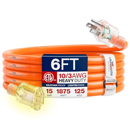 6ft Outdoor/Indoor Extension Cord 10/3 Gauge Ultra Heavy Duty 3 Prong SJTW, Waterproof, ETL Listed, Flexible Cold-Resistant Long Power Cord,15A 125V 1875W, Orange by LifeSupplyUSA - color: Orange, size: 6 FT, style: 10 Gauge (ULTRA HEAVY DUTY)