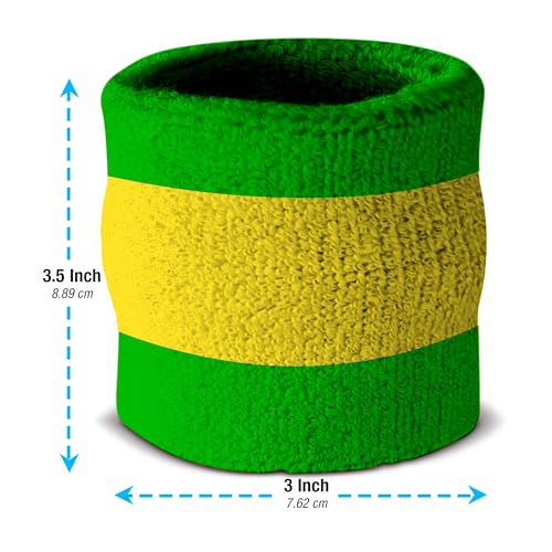 Suddora Striped Sweatband Set, Moisture Wicking 2 Wristbands and 1 Headband, Breathable Athletic Sweat Bands for Sports, Costumes & Cosplay, Matching Bands to Wear with Jersey - color: Green Yellow Green