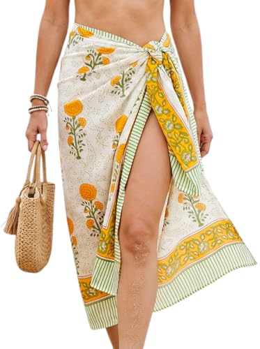 Beach Cover Ups for Women, Cotton Sarong Wrap Pareo | 100% Cotton Sarong Wraps For Women, 73 x 44 In. Pareo Beach Wrap, Bikini Cover Up, Bathing Suit Cover Up, Resort Wear - color: Golden Tainoi