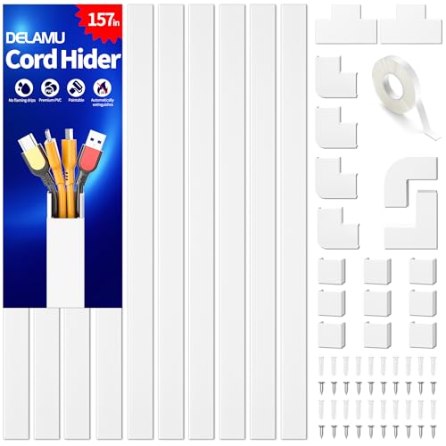 Delamu 157in Cord Hider Wall, TV Cable Hider Cord Covers for Wires on Wall, Large Cable Management Raceway, Paintable Wire Hiders Wire Covers for Cords for TV on Walls, 10 X L15.7 W1.18 H0.6in, White - color: White, size: 157in L x 1.18in W x 0.6in H