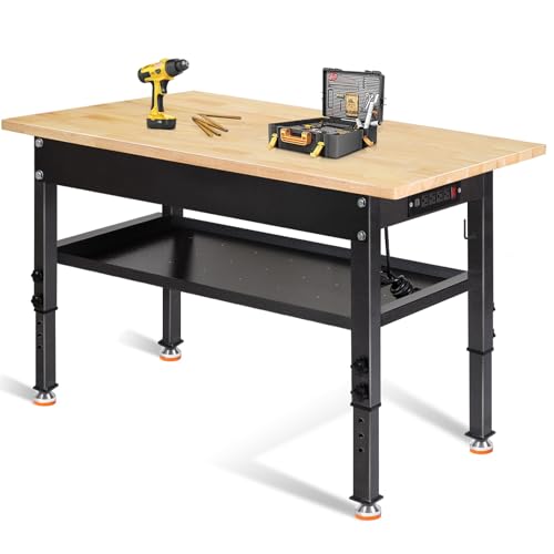 48"/60'' Adjustable Workbench, Rubber Wood Top Work Bench | Heavy-Duty Work Table w/ Power Outlet, Partition ,2000 LBS Load Capacity Work Benches for Garage, Workshop - size: with socket and partition, 48