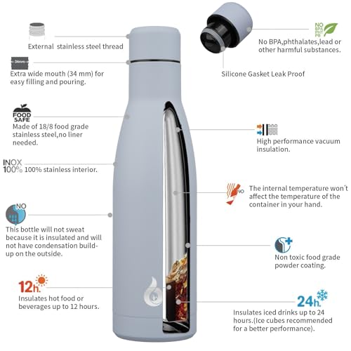 BJPKPK Insulated Water Bottle 17oz Stainless Steel Water Bottles Dishwasher Safe Metal Thermal Keep Cold and Hot,Mist Grey - color: Mist Grey, size: 17 Ounces