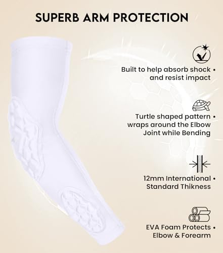 Compression Padded Arm Sleeves for Youth & Adults - Elbow & Forearm Support - Breathable Football Padded Sleeves - color: White, size: Youth Small/Medium