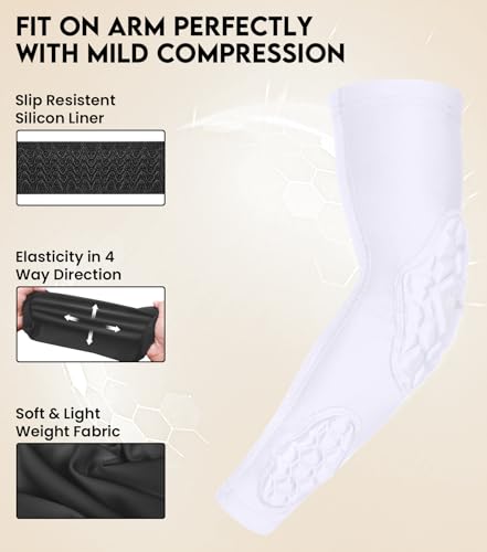 Compression Padded Arm Sleeves for Youth & Adults - Elbow & Forearm Support - Breathable Football Padded Sleeves - color: White, size: Youth Small/Medium