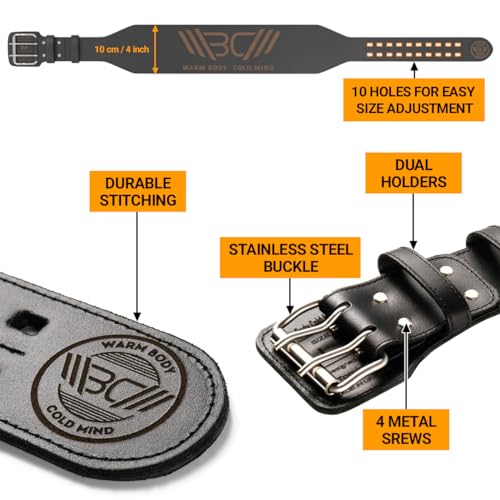 WARM BODY COLD MIND Leather Weight Lifting Belt 4" Adjustable Belt with Buckle for Workout, Squats, Gym, Powerlifting, Olympic Weightlifting, Strength Training. Waist/Back Support - size: Small