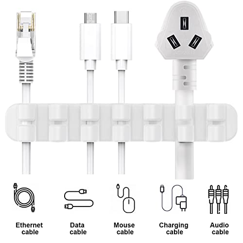 SOULWIT Upgraded Cable Holder, Cable Management Cord Organizer Clips Silicone Self Adhesive for Desktop USB Charging Cable Power Cord Bedside Wire PC Office Home (3/5/7 slot,White) - color: White
