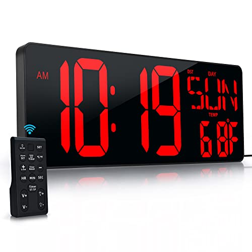 17.2"Large Digital Wall Clock Large Display with Remote Control 180°Visible | Timer with Temperature Date Week Auto DST Adjustable Brightness, for Living Room Classroom Garage Gym Gift for Senior Mom Dad