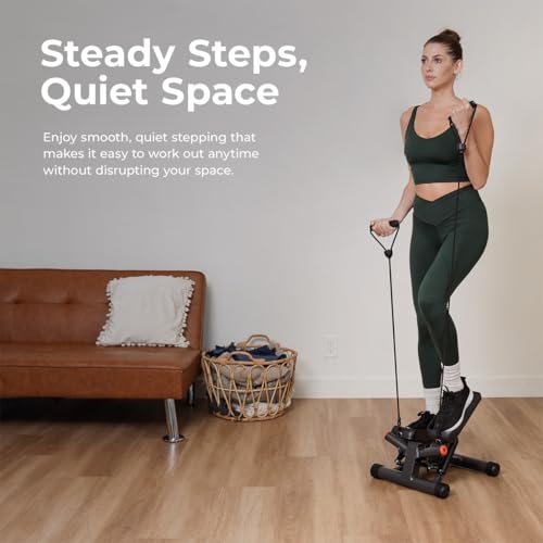 Sunny Health & Fitness Twist Steppers with Resistance Bands, Compact Mini Stair Step Machines for Low-Impact Home Cardio Workouts - color: Black Matte