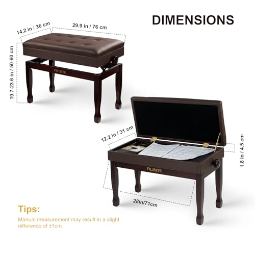 Adjustable Height Piano Bench with Storage, Solid Wood Duet Keyboard Stool, Waterproof Padded Seat Cushion, Multi-Use Bench for Piano, Vanity, Living Room, Bedroom XJ750-4(Brown) - color: Brown