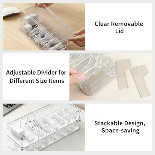 Cable Organizer Storage Box with Lid - Clear Phone Charger Cord Organizer Case - Cables Wire Management Box with Adjustable Compartments 10 Wire Ties for Drawer Desk Office Home Accessories(1 pack) - size: 1 Pack