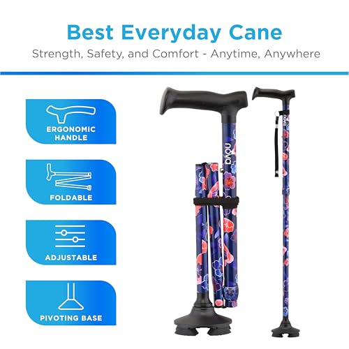 NOVA Foldable Quad Cane for Seniors, Self Standing Adjustable Walking Cane with Pivoting Quad Tip, Lightweight Collapsible Mobility Aid, Bonus Carry Pouch & Replacement Tips, Maui Flowers - color: Aloha Flowers