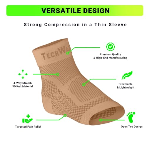 TechWare Pro Ankle Brace Compression Sleeve - Plantar Fasciitis Sock. Relieves Achilles Tendonitis. Foot Arch Support Reduces Joint Pain, Swelling & Heel Spur Pain. Injury Recovery Braces for Sports - color: Beige, size: S / M (see size chart)