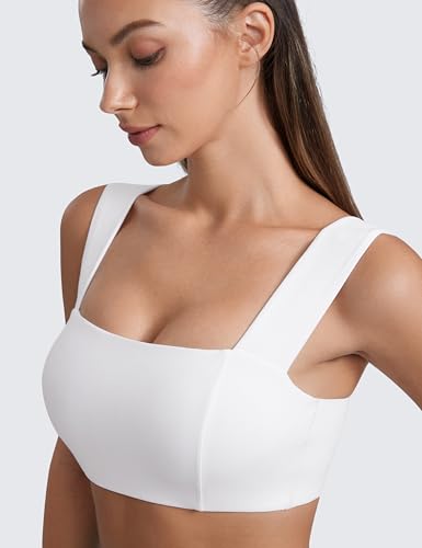 CRZ YOGA Butterluxe Wide Strap Sports Bras | Light Support, Removable Pads, Yoga, Extremely Soft, Square Neck, Front Split Line, for Women - color: White, size: X-Small
