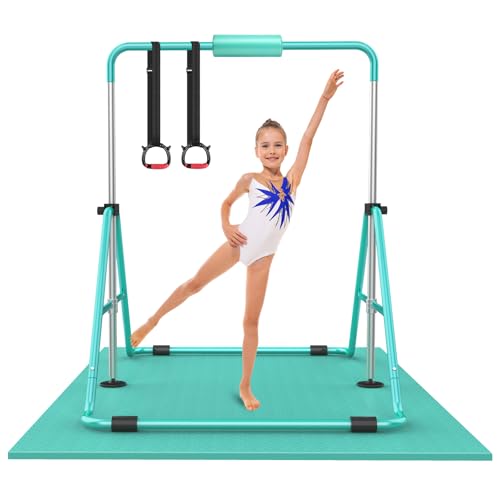 RINREA Gymnastic Bars for Kids, Adjustable Height Horizontal Bar for Home | 5-Height 35"-51", Foldable & Space-saving, Indoor Outdoor Training Kip Bar, with Gymnastics Rings & Gymnastics Pad - color: Green with Mat