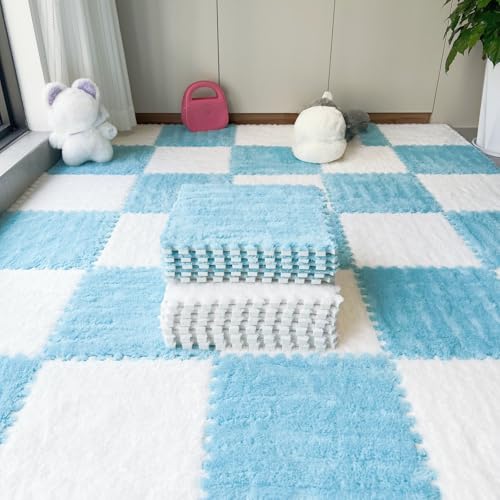 12Pcs Plush Foam Floor Mat,Plush Interlocking Carpet Tiles,Anti-Slip Square Puzzle Floor Mat,EVA Foam Area Rugs for Bedroom Playroom (White+Blue) - color: White+blue