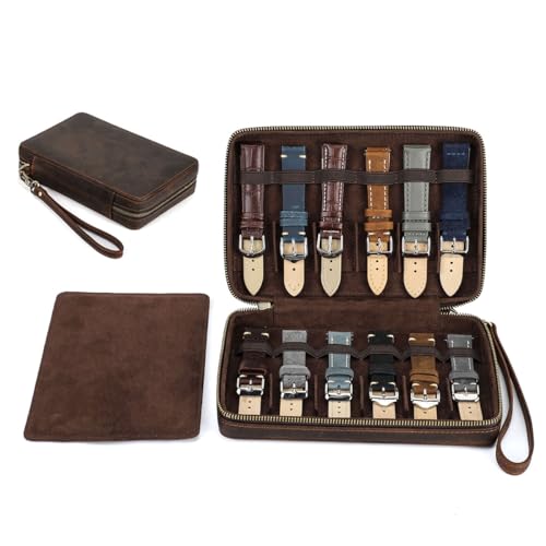 CONTACTS Full Grain Leather Watch Band Case Travel 12 Slot Watches Bands Box for Men Watches Strap Holder Storage Organizer Fits Most Watch Bands by Handmade - size: 12 Slot