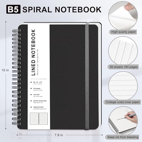 ABERLLS Lined Spiral Journal Notebook with 160 Pages, 7.8×10in, B5 Spiral Notebook, Journaling Notebooks for Work, School, Women, Men, College Ruled Spiral Notebook, Hardcover Leather Journals, Black - color: Black, size: B5