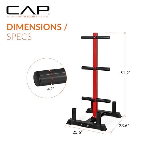 CAP Barbell Olympic Bumper Plate Tree Rack with Weight Plate Posts and Barbell Storage Holders – Multiple Options – Heavy-Duty Steel Gym Organizer for Olympic Plates and Bars