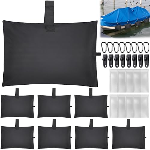 TOBWOLF 8Pack Boat Cover Sand Bags, 600D Windproof Marine-Grade Oxford | Tear-Resistent Sandbag Mooring Kit, Carabiners & Tarp Clips to Keep Boat Cover On, for Boat Covers, RV Covers & Tarp Weights - color: 8PCS - Black Boat Sandbags