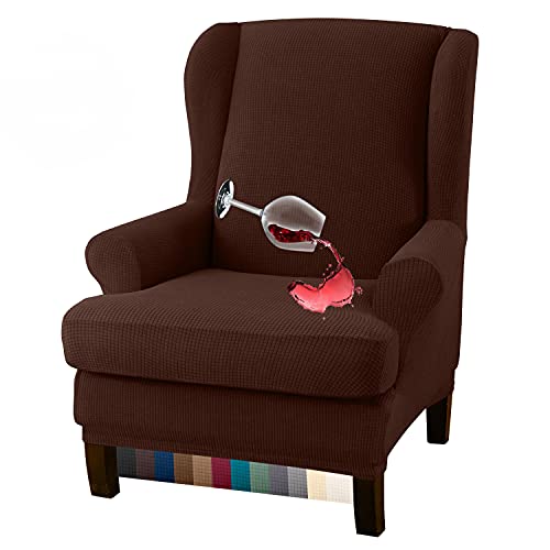 Granbest Premium Water Repellent Wingback Chair Cover 2-Piece High Stretch Jacquard Fabric Wing Back Chair Slipcovers (Wing Chair Cover, Chocolate) - color: Chocolate