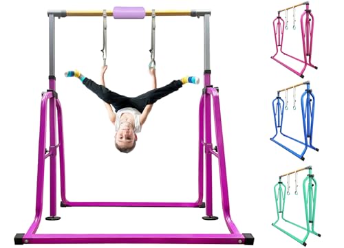 Foldable & Moveable Gymnastics Horizontal Bar with Rings,3’to 5’Adjustable Height Expandable Junior Kip Bar for Home,Indoor Gym Equipment for Kids - style: Foldable Purple with Rings