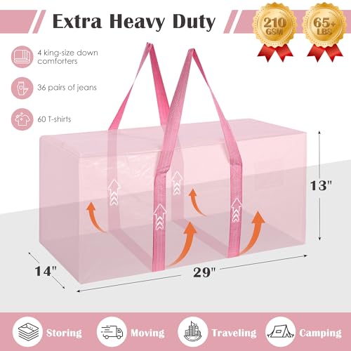 6 Pack Moving Bags with Full-Open Side Zipper, Extra Large 93L Heavy Duty Waterproof Foldable Storage Totes for College Dorm, Moving & Home Organization Pink - color: Pink, size: 6 Pack