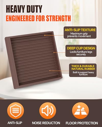 xxxHOLIC Rubber Non Slip Furniture Pads, 3" x 3" Brown Square, Set of 4 | Furniture Cups for Hardwood Floors, Rubber Furniture Grippers, Anti Slide Bed Frame & Couch Stoppers - color: Brown, size: 3"*3"Square