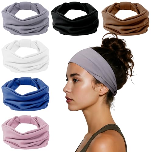 HSEM Headbands for Women, Wide Elastic Head Bands, Non-Slip Thick Hair Bands, Sports Stretchy Sweat Bands, Large Knotted Soft Headband for Washing Face, Makeup, Workout, Spa, Running, Fashion, 6-Pack - color: Grey/Navy/Brown/White/Pink/Black