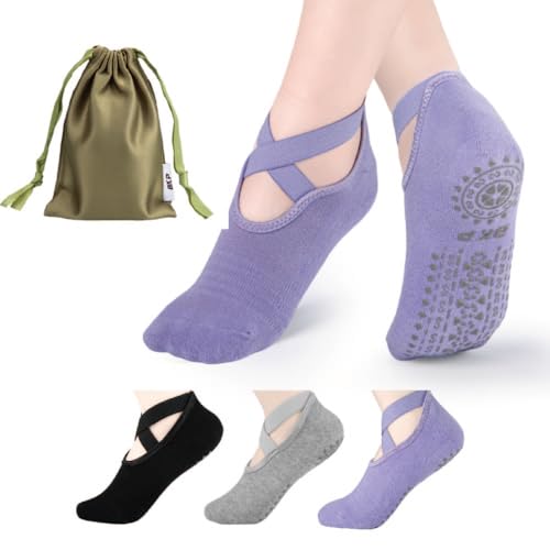 BKP Yoga Socks for Women,Pilates Socks Non Slip Grip Socks Suitable for Ballet,Plasticity,Dance,Home,Training - color: 3pairs-(1black&1grey&1purple)