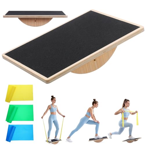 Thenshop Balance Board Trainer Set with Resistance Bands for Adults Wooden Wobble Board for Core Strength, Stability & Balance Training, Includes 3 TPE Exercise Bands