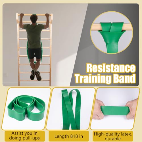 Wood Swedish Ladder with 11 Strategic Rods,Withstands up to 330 lbs,Stall Bar,Include Exercise Straps+Pull-Up Resistance Band+Pull-Up Bar,31.5”*86.6”,Wall Mounted,Stretching and Various Exercises,Indoor Home School Gym Fitness