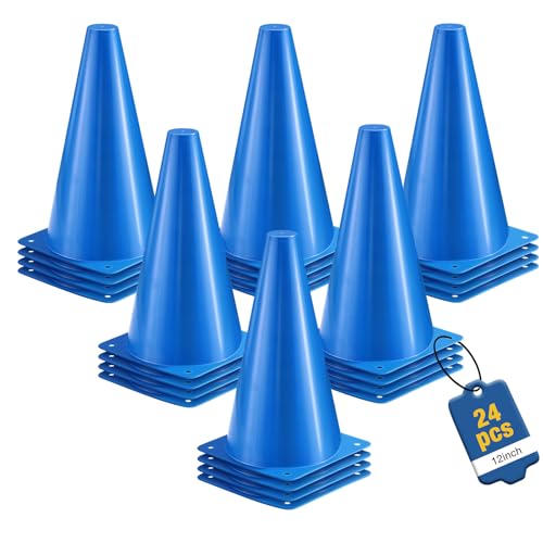 12 Inch Sports Cones Set of 24,Durable Training Cones for Soccer,Football, Basketball Drills - Multi-Purpose Agility Cones for Indoor & Outdoor Practice - color: blue