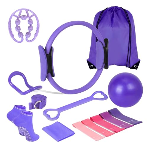 Pilates Equipment Kit for Home Workout, Pilates Ring and Ball Set with 5 Resistance Bands, mag-ic Circle Compact Toning Fitness Essentials Starter Set Accessories, Core Sliders, Socks, Bag - color: purple