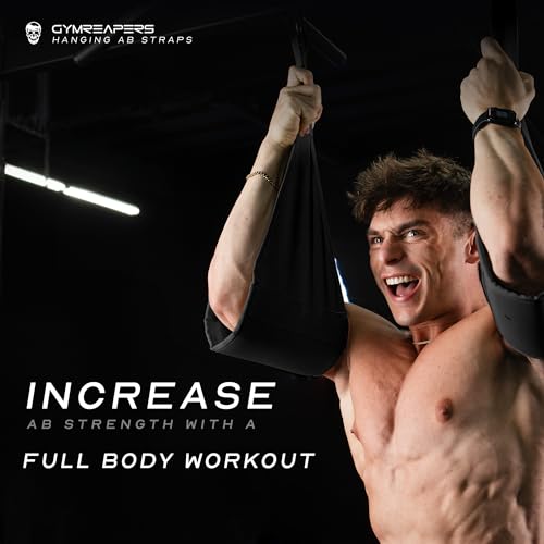Gymreapers Hanging Ab Straps for Pull-Up Bar - Hang Bar Assist Strap & Strength Workout Equipment, Padded Adjustable Arm Supports with 2 Steel Carabiners for Leg Raises, Abdominal & Core Training - color: Black