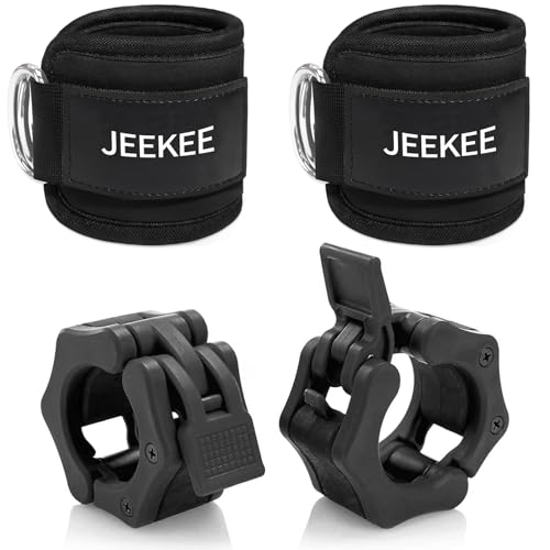 JEEKEE Olympic Barbell Clamps 2 Inch Quick Release (Pair) + Ankle Straps for Cable Machine (2 Pack), Weight Bar Clips & Leg Strap Set for Glute Kickbacks, Home Gym Workout, Black