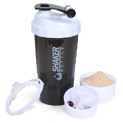 XTK Shaker Bottle Protein Shaker Bottles with Storage and Mix Ball, 16OZ Sports Water Bottle with Pill Organizer,Leak Proof Portable Shaker Cup for Protein Mixes and Pre Work Out,BPA Free(white) - color: WHITE