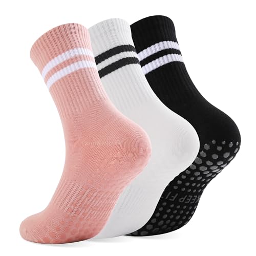 loudashuaiqi Grip Pilates Socks Non Slip Athletic Yoga Socks with Grips for Women Grippy socks for Hospital Workout Barre - style: 3pair Black White Pink