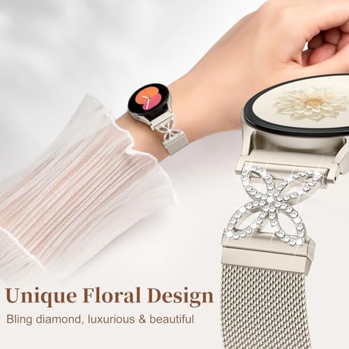 Getino Magnetic Metal Band Compatible with Galaxy Watch 7 Band 6 5 4 FE Active 2 40mm 44mm/Galaxy Watch 5 pro 45mm/Classic, 20mm Floral Dressy Strap for Samsung Watch Bands Women Milanese Mesh Loop - color: Bling Starlight