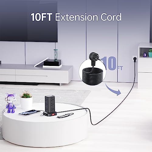 Extension Cord with Multiple Outlets, SMALLRT Power Strip Tower, 10FT Outlet Extender with 12 AC Outlets 4 USB, Power Strip with USB Ports for Home Office Dorm Room,Overload Protection - color: Black, size: 10 Ft without wireless charging