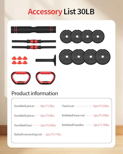 Adjustable Dumbbells,20/30/40/60/80lbs Free Weight Set with Connector, 4 in1 Dumbbells Set Used as Barbell/Kettlebells/Push up Stand, Fitness Workout Equipment for Home Gym for Youth,Women/Men - color: Black 30LBS (15LBS*2) + Kettlebell Handle (1.76LBS*2)