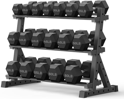 PAPABABE Dumbbell Set with Rack Dumbbells Rubber Encased Home Gym | PAPABABE Complete & Durable Cast Iron Core Odorless PVC Antiroll Hex Shape Ergonomic Chrome Handle Versatile Home Gym - size: 720LB with 3-Tier Weight Rack