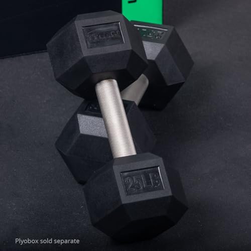 Titan Fitness 25 LB Pair Free Weights, Black Rubber Coated Hex Dumbbell, Straight Stainless Steel Handle, Strength Training, Full Body Workout