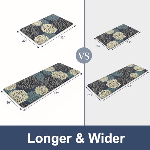 KIMODE Padded Anti Fatigue Rug Sets of 2, Ergonomic Standing Kitchen Rugs 2PCS, Boho Dahlia Kitchen Mats for Floor 2 Pieces Stain Resistant, Non Slip Kitchen Sink Floor Mat, 20"x32"+20"x47", Blue - color: Multi-blue, size: 20" x 47"+20" x 32"--0.47 inches