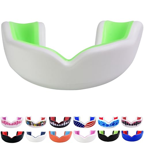 Oral Mart Youth Sports Mouth Guard for Kids (USA Flag, Fangs, 20+ Colors to Choose from) Mouthguard for Football, MMA, Karate, Boxing, Rugby, BJJ, Flag Football – /w Case (Youth, Strapless) - color: Spring Green