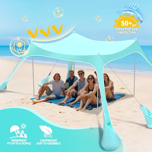 2PM SPORTS Beach Tent Sun Shelter 10x10 FT - UPF 50+ UV Protection, 8 Sandbags, Easy Setup, Portable Shade Canopy for Family Picnic Camping Travel - color: Mint blue