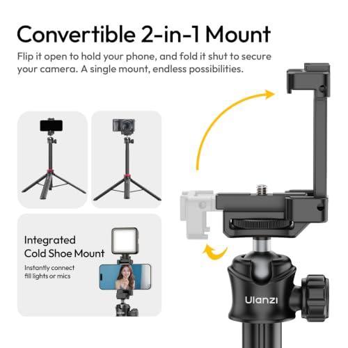ULANZI MT44 Auto Open Phone Tripod, 59" Extendable Selfie Stick for iPhone | 360° Ball Head, 1s Pop Open , Cold Shoe, Selfie Stick Tripod w 1/4" Screw for Vlog Recording for iPhone 17 Luna Pocket 4 - color: MT44 Auto Open Black