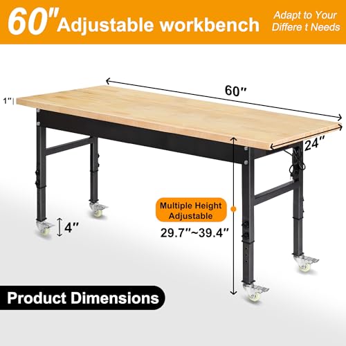 60" Adjustable Work Bench, Rubber Wood Top Workbench | Heavy-Duty Work Table with Power Outlet and Wheels, 2000 LBS Load Capacity Hardwood Work Benches for Garage,Workshop - size: with socket and wheels, 60