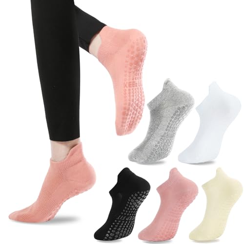 loudashuaiqi Grip Pilates Socks Non Slip Athletic Yoga Socks with Grips for Women Grippy socks for Hospital Workout Barre - style: 1black1grey1pink1beige1white